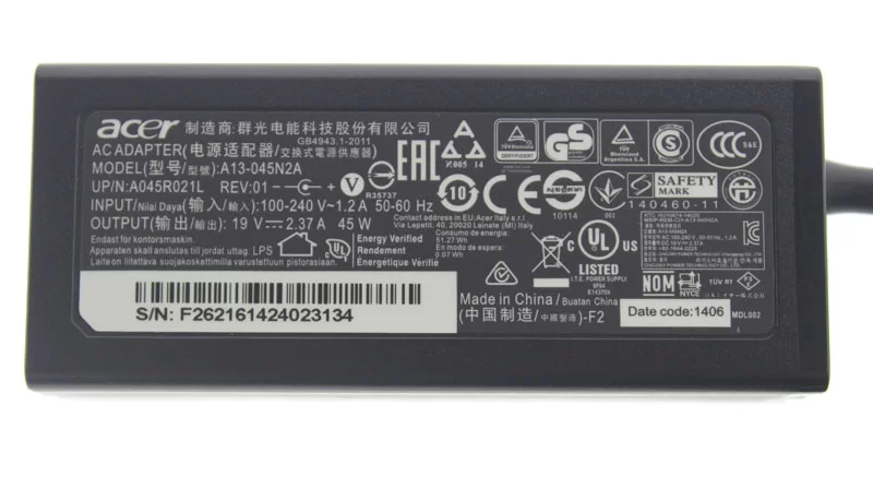 Original 45W AC Adaptador Acer Aspire One Cloudbook 11 1-132-C0QL