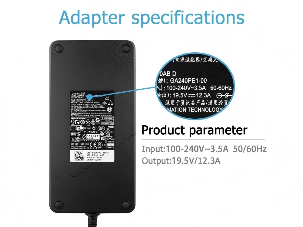 Original 240W Adaptador Dell 330-4128 330-4342 330-7843 331-3179 Cargador + Cable