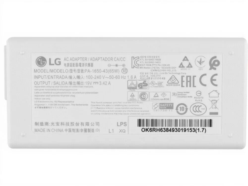 Original 19V 3.42A 65W LG Gram 14Z950-MFLGL Adaptador Cargador + Cable
