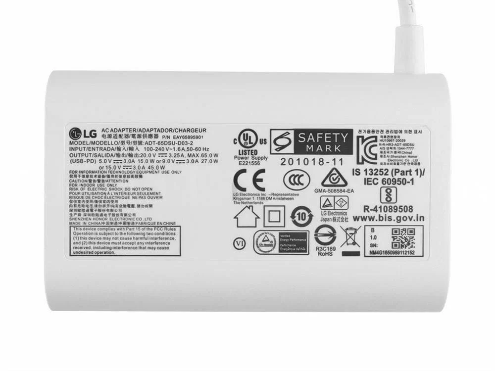 Original 65W USB-C Adaptador LG Gram 14 14Z90T-G.AA7LB Cargador + Cable